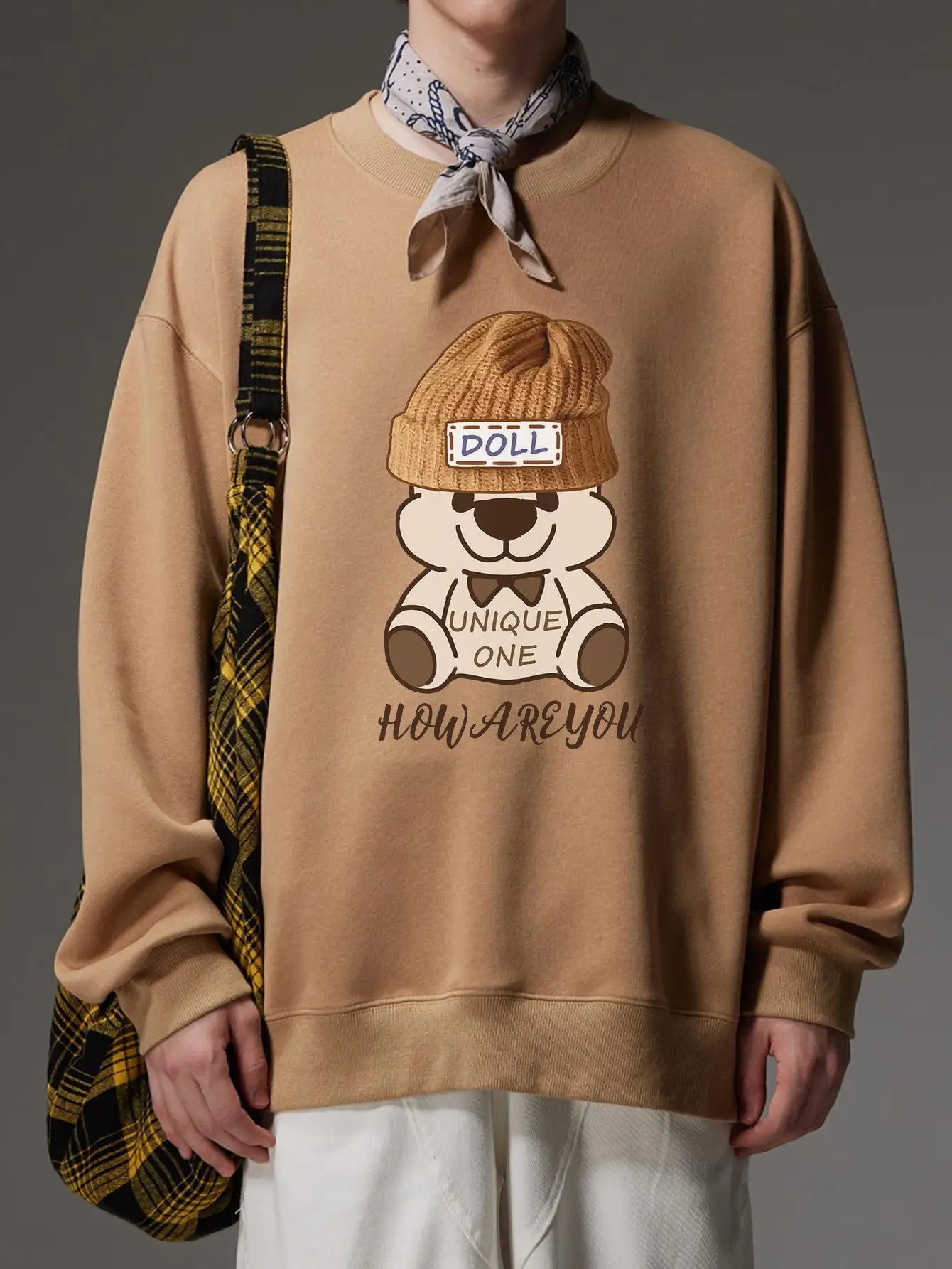 Kawaii Doll Bear Print Pullover Mens Sweatshirts Long Sleeve Crew Neck Casual Hoodies Fashion Brand Kpop Y2k Male Streetwear