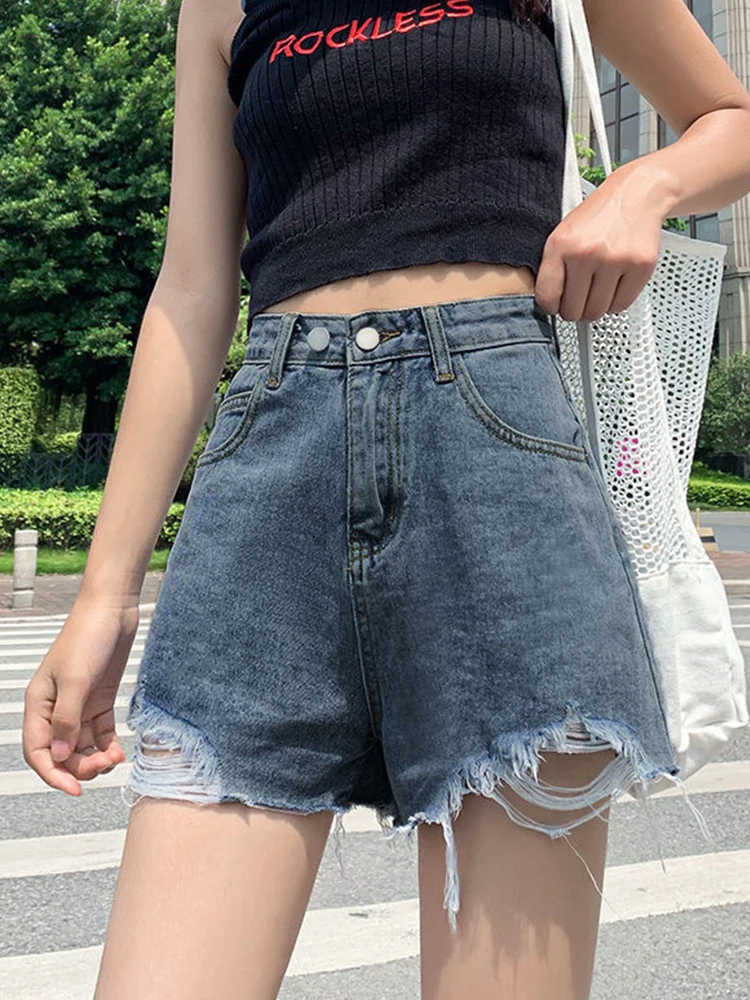 Streetwear Women High Waist Loose Hole Frayed Denim Shorts Spring Summer Female Wide Leg Retro Jeans Shorts Bottoms