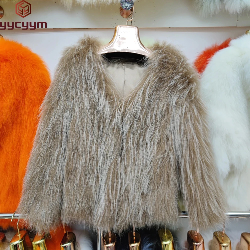 

New Style Women's Long Sleeve Winter Warm Genuine Fur Coats Long Jackets Fashion High Quality Natural Raccoon Fur Knitted Coat