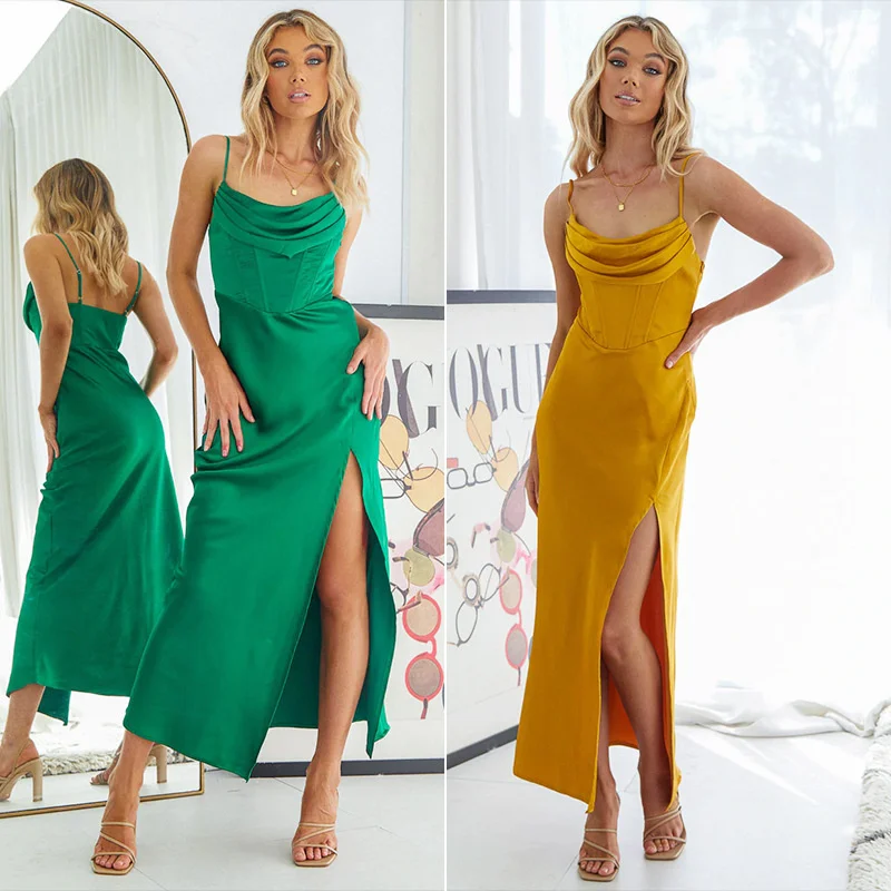 

Однотонное женское платье, летняя одежда, длинные платья макси с высоким разрезом для подружек невесты, женские облегающие платья-футляры