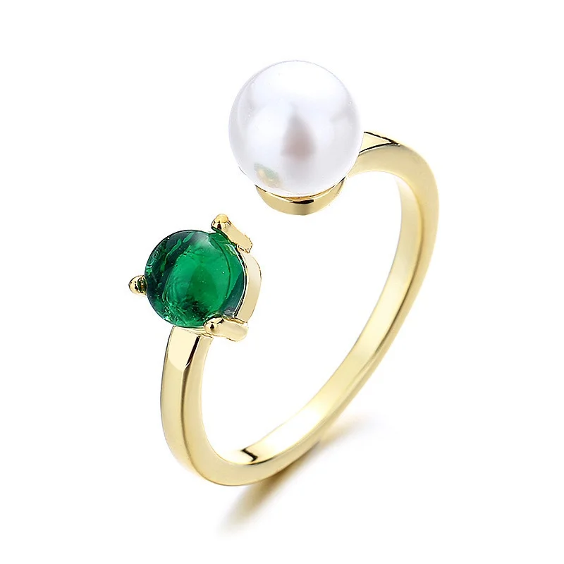 

Light Luxury 18K Gold Plated Ring Inlaid Emerald for Women Pearl Index Finger Opening Adjustable Rings Jewelry