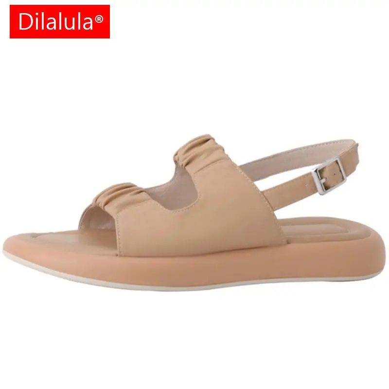 

Dilalula 2022 Women Sandals Genuine Leather Peep Toe Flats Summer Working Casual Concise Fashion Hollow Shoes Woman New Arrival