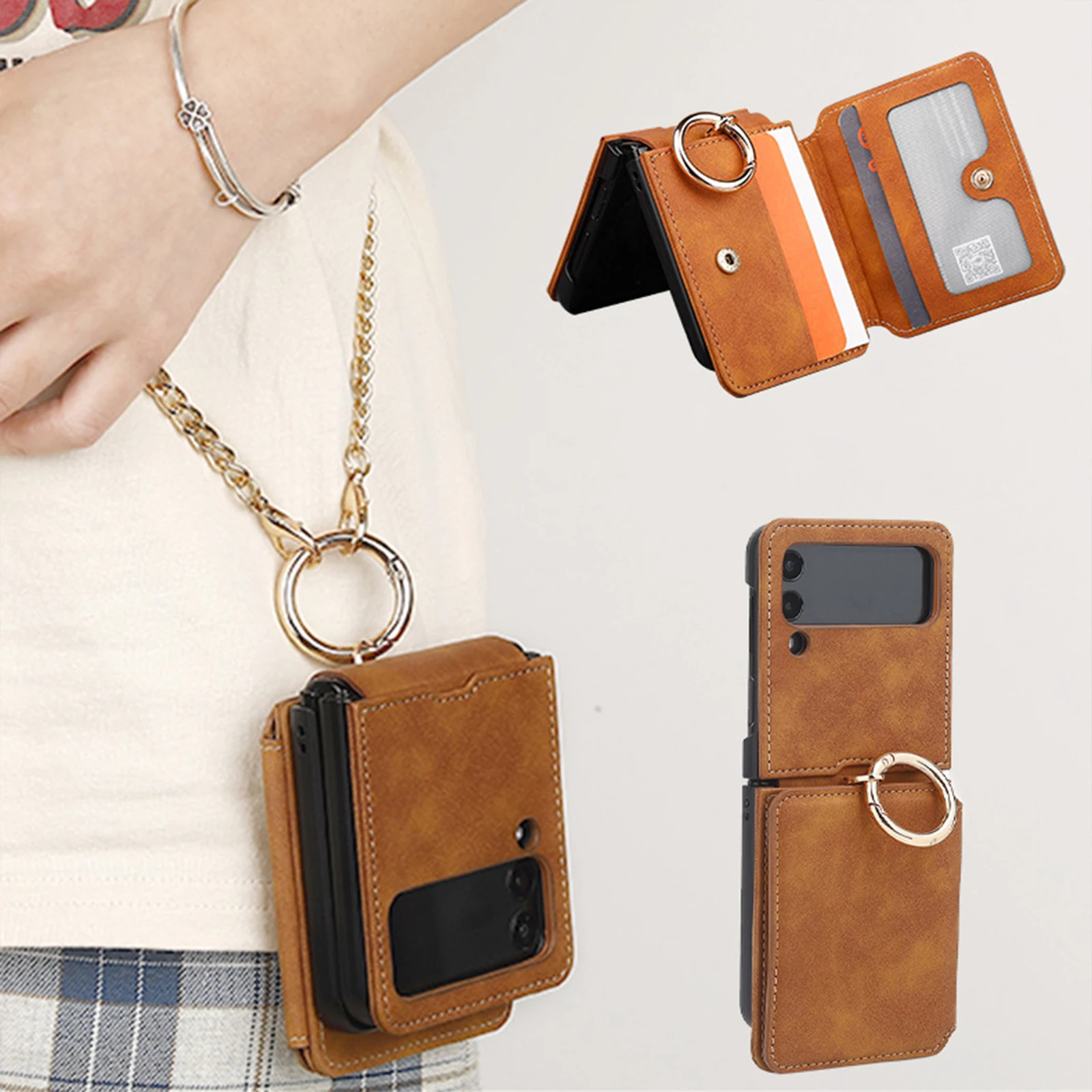 Leather Folding Case for Samsung Galaxy Z Flip 3 4 5G with Card Slots & Chain Hinge Full Body Phone Case Slim Shockproof Cover