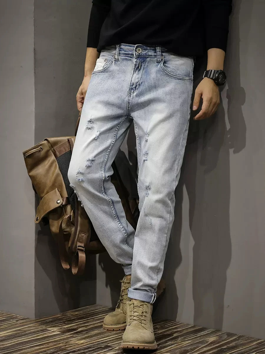 Fashion Designer Men Jeans Retro Light Blue Stretch Slim Fit Hole Ripped Jeans Men Vintage Trousers Casual Denim Pants Hombre