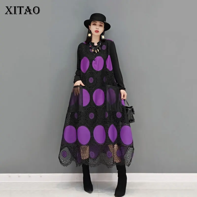

XITAO/модное ажурное кружевное платье контрастного цвета с круглым вырезом в стиле пэчворк; Свободное платье-рубашка с длинными рукавами; Нов...