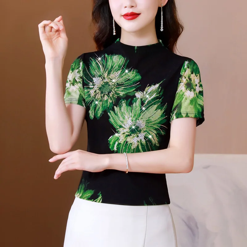 #9240 Сетчатая футболка с цветочным принтом женская сексуальная облегающая