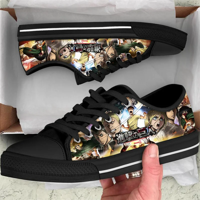 

ELVISWORDS Attack-On-Titan Print Anime Low Top Sneakers Men Teenager Casual Vulcanized Shoes Canvas Running Breathable Footwear