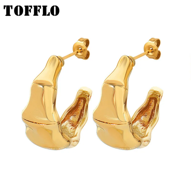 

TOFFLO Copper Jewelry Bamboo Irregular C-Shaped Popular Surround Earrings For Women's Minimalist Earrings BSF731