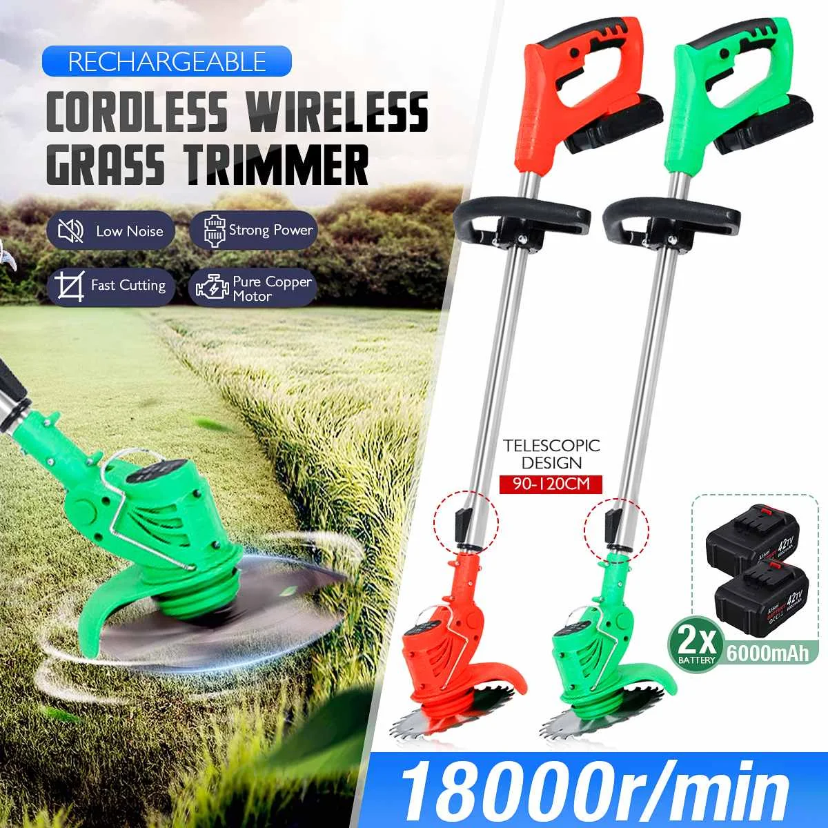 42V Electric Grass Trimmer 18000RPM Cordless Lawn Mower Hedge Trimmer Adjustable Garden Power Pruning For 18V Makita Battery