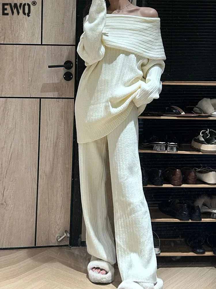 

[EWQ] Fashion Elegant Black Pink Beige Knitwear Sweater Casual Wide-leg Pant Two Pieces Set 2023 Autumn Winter New Women 16U5931