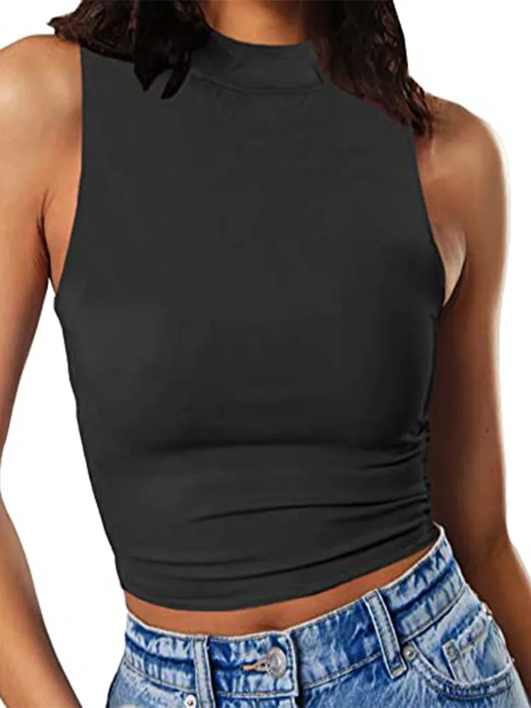 Базовый летний женский облегающий укороченный топ без рукавов с высоким воротником и ложным воротником, спортивный корсет, бюстье, Y2K, сексуальная модель H072, 2023