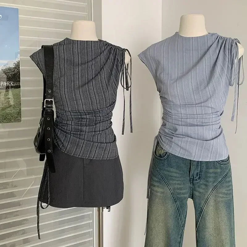 Новый полосатый дизайн тонкий топ без рукавов с веревочными бретелями летняя