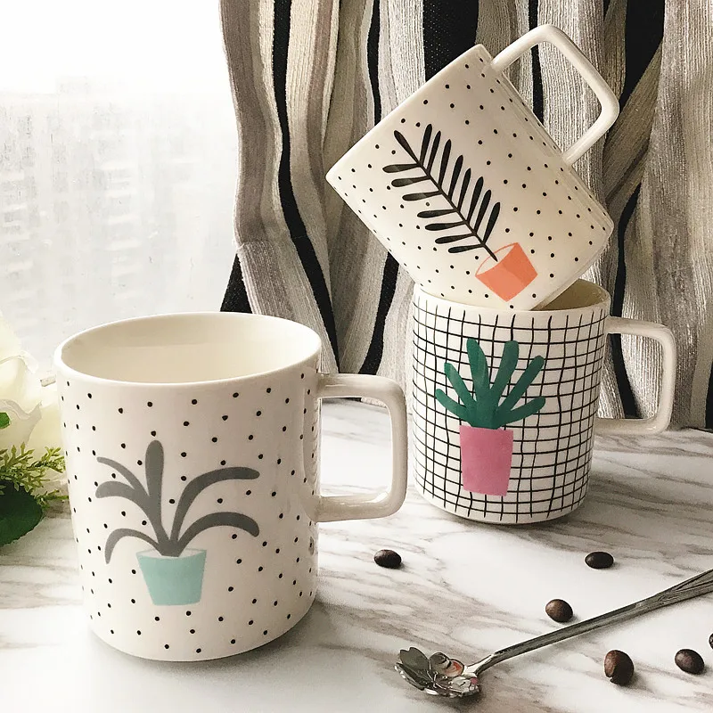 

Hand-painted Plant Potted Ceramic Mug Cute Breakfast Milk Mug Office Flower Tea Coffee Mug Office Decoration Ornament