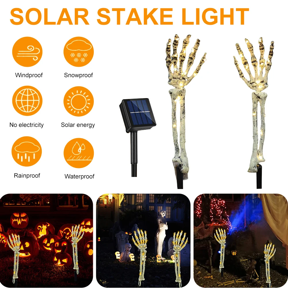 2pcs Halloween Skeleton Hand Stake Light 40 LEDs Solar/Battery Powered Glowing Skull Hands Halloween Party Garden Lawn Decor