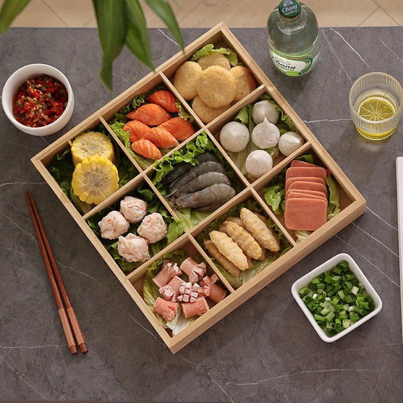 9 Grids Tray Hot Pot Plate Bamboo Wood Tray Hotel Restaurant Home Nine Grids Gourmet Tableware Plate Divided Combination Plate