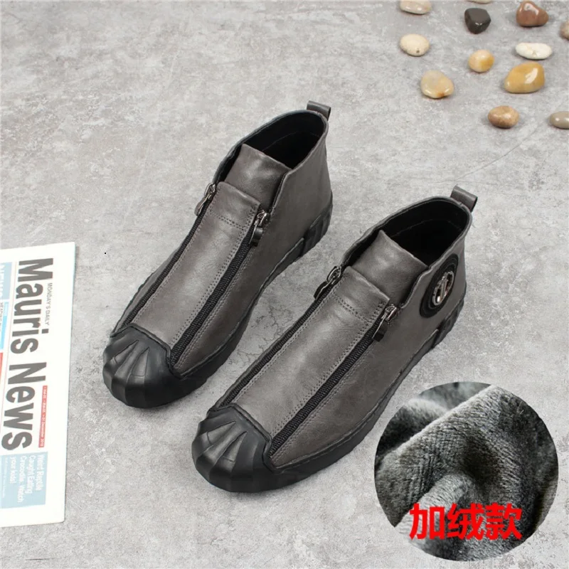 Мужские высокие повседневные ботинки на молнии черные флисовые плоской