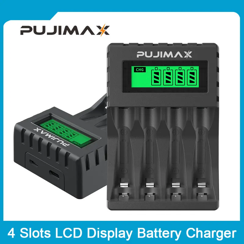 

PUJIMAX AA AAA Battery Charger LCD Display 4 Slots Smart Charger For Ni-MH Ni-CD Rechargeable Batteries