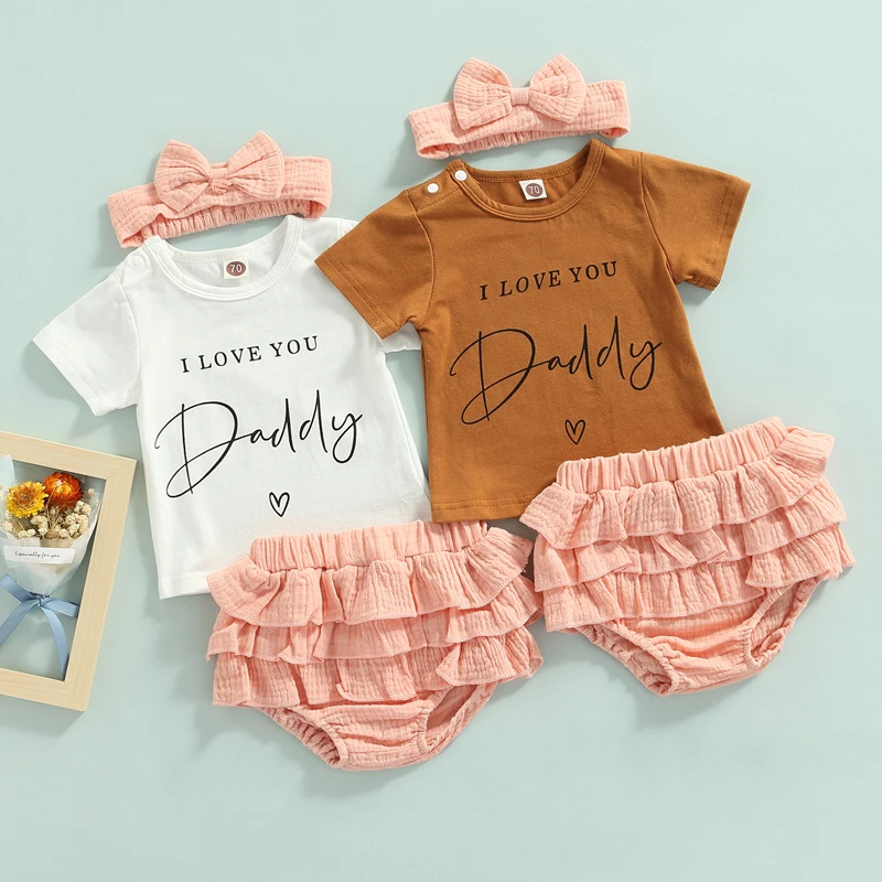 

0-18M Summer Lovely Baby Girls Boys 2pcs Clothes Sets Letter Short Sleeve T Shirts+Ruffles Solid Shorts