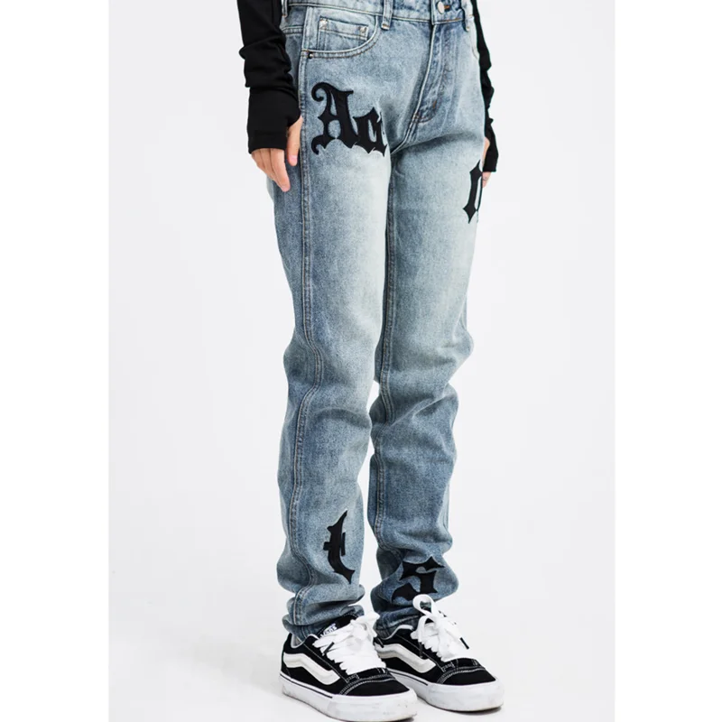 Streetwear Men 2022 Autumn and Winter New Applique Pattern Self-cultivation Blue Pencil Pants Vintage Recreational Jeans Female