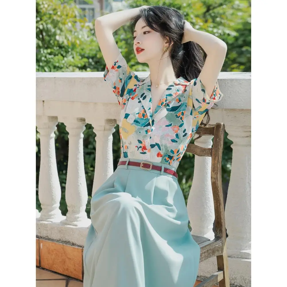 

Hong Kong wind set skirt 2023 summer new fashion style western style suit collar shirt fresh green skirt set