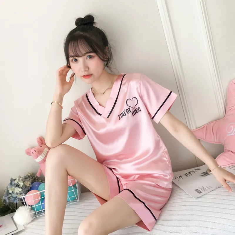 Women's Summer Thin Ice silk Short Sleeve Pajama, Korean Version of Sweet and Lovely Sleepwear, Cartoon Lounge Two-piece Suit