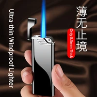 blue flame ultra thin open cover windproof lighter butane inflatable cigarette lighter outdoor heating tool mens gift