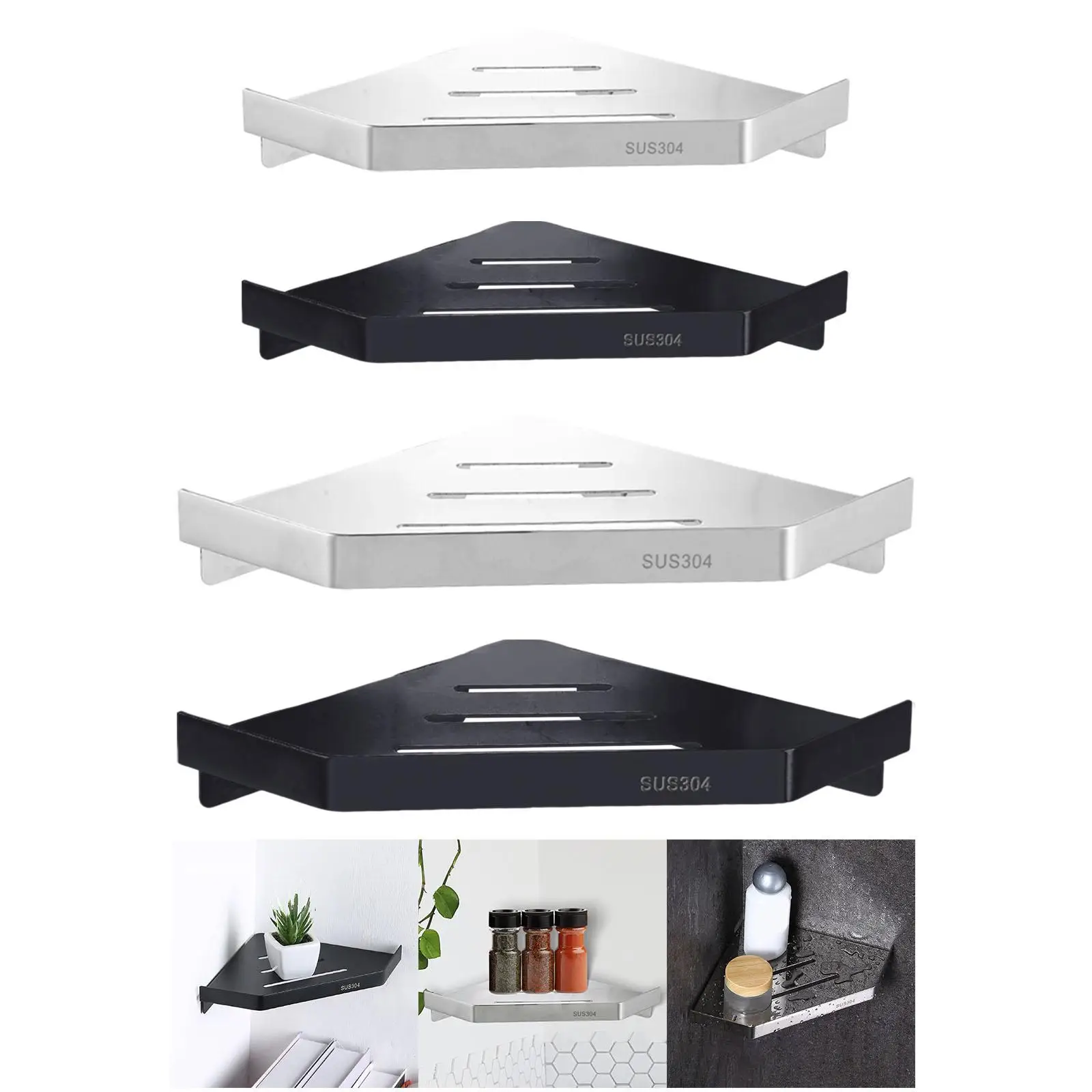 

No Drilling Adhesive Corner Caddy Shelf Stainless Steel Bathroom Shampoo Holder Storage Rack Organizer