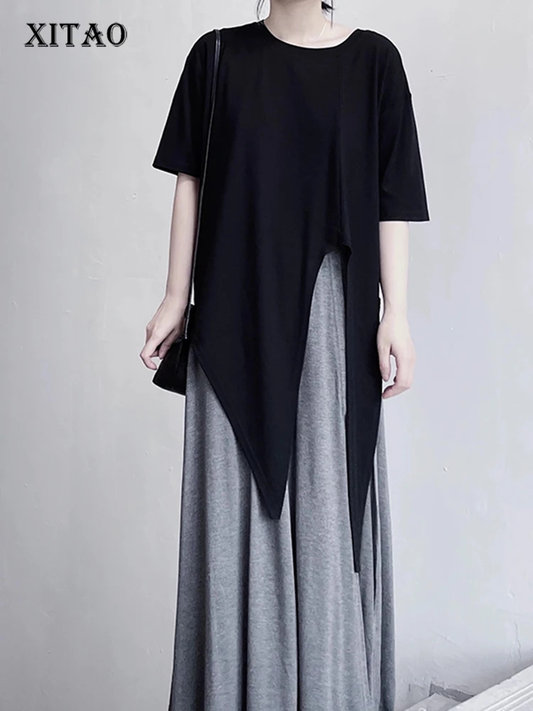 

XITAO ниша сплошной цвет Нерегулярные o-образным вырезом Женская футболка Повседневная Свободная с коротким рукавом 2023 Женский Летний Новый женский свободный топ HQQ0110