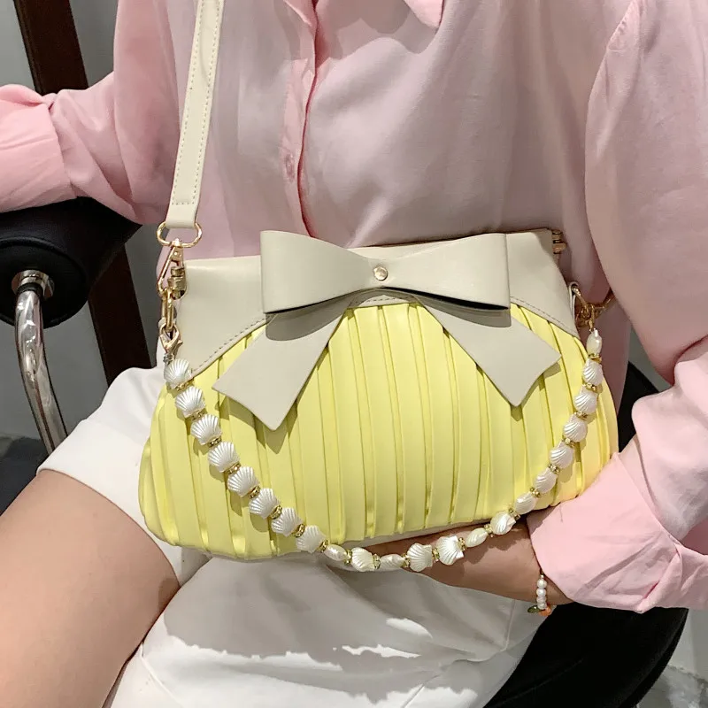 

Shell Chain Shoulder Bags for Women Luxury Soft Leather Crossbody Bag Bow Pleated Messenger Bag Ladies All Match Design Handbags