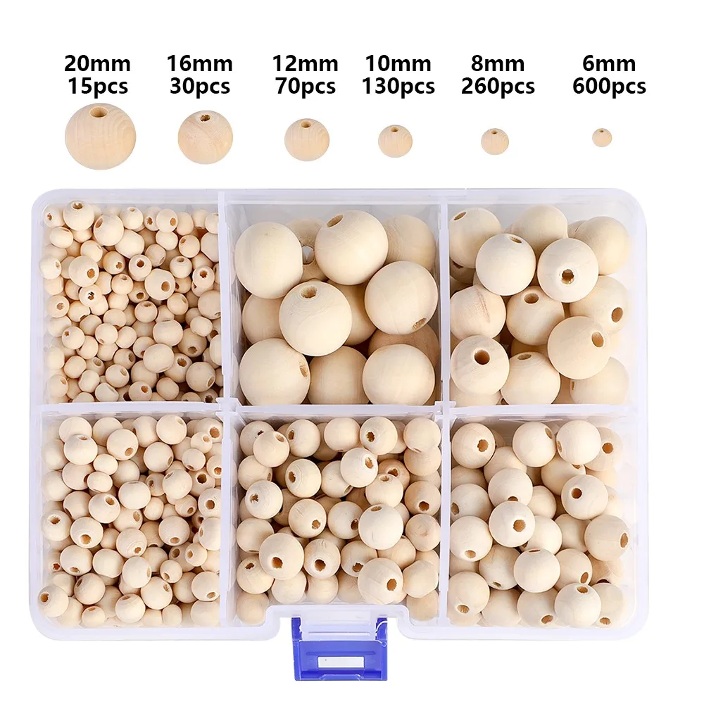 

1150 PCs Wooden Beads 6-20mm for Jewelry Making Natural Round Ball DIY with 1 Roll Crystal Elastic Line Container for Beads Box