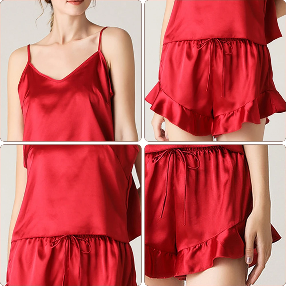 2023 Women's Solid Sweet Princess Pajamas Pajamas Soft Silk V-Neck Strap Top+Shorts Two Piece Sexy Fashion Homewear Pajamas Set