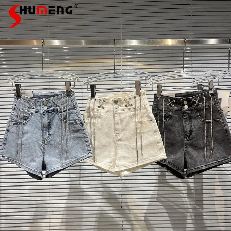 

2022 Spring and Summer New Ladies Classic Style Lace Up Cross Waist Jeans Short Pants Women's Fashion High Street Denim Shorts
