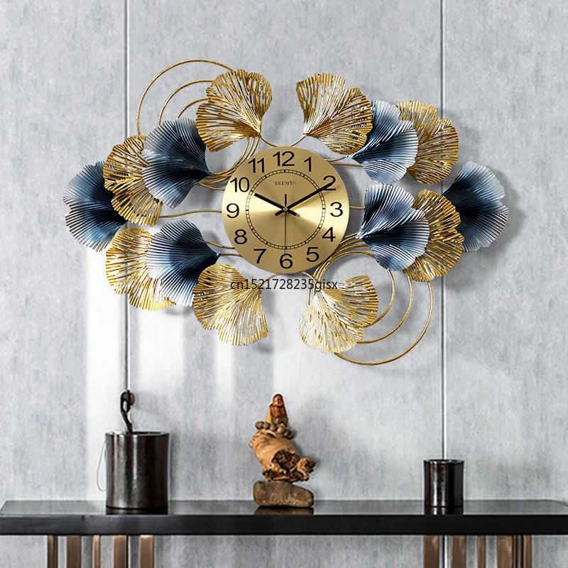

Chinese Wrought Iron Ginkgo Leaf Wall Clock Wall Sticker Decoration Home Livingroom Wall Hanging Crafts Hotel Wall Mural Art