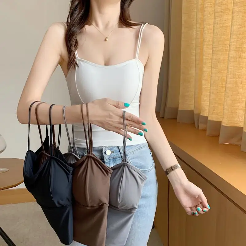 

Women's Ice Silk Seamless Tank Top Sexy Beautiful Back Camisole Solid Color Knitting Padded Underwear Crop Top Female Streetwear