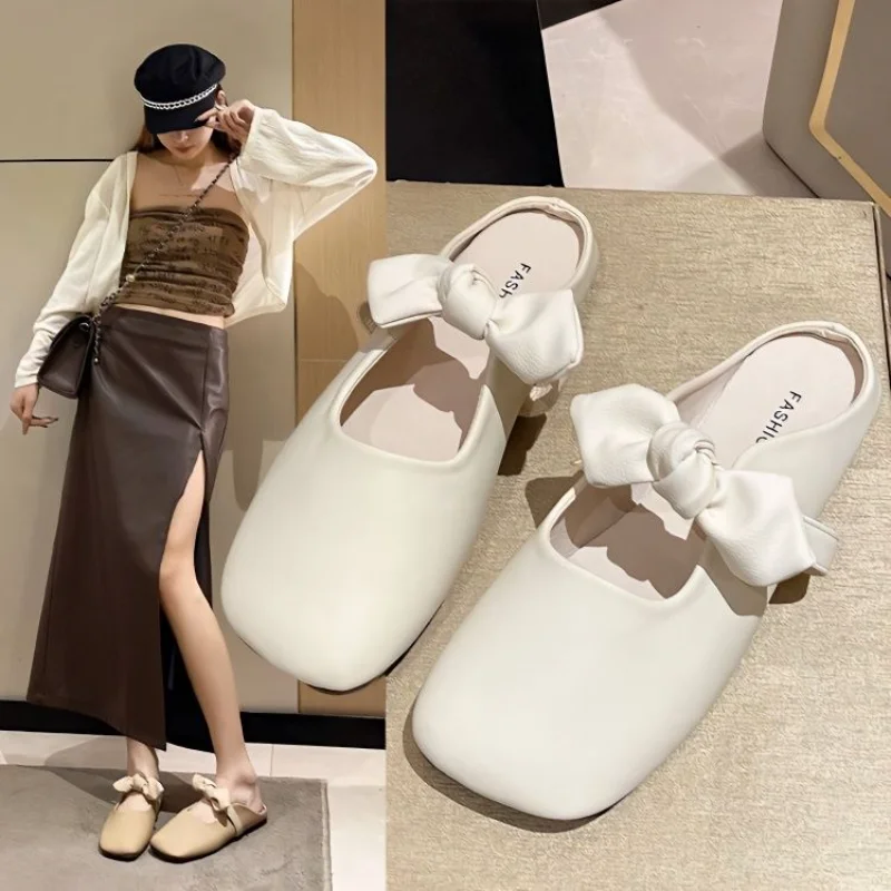 

Half slippers women's new 2023 summer outside wear fairy wind half baotou single shoe out soft sole bow sandals pregnant women