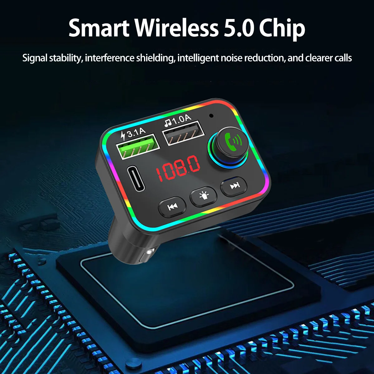 FM-трансмиттер автомобильный с поддержкой Bluetooth 5 0 и светодиодной подсветкой |