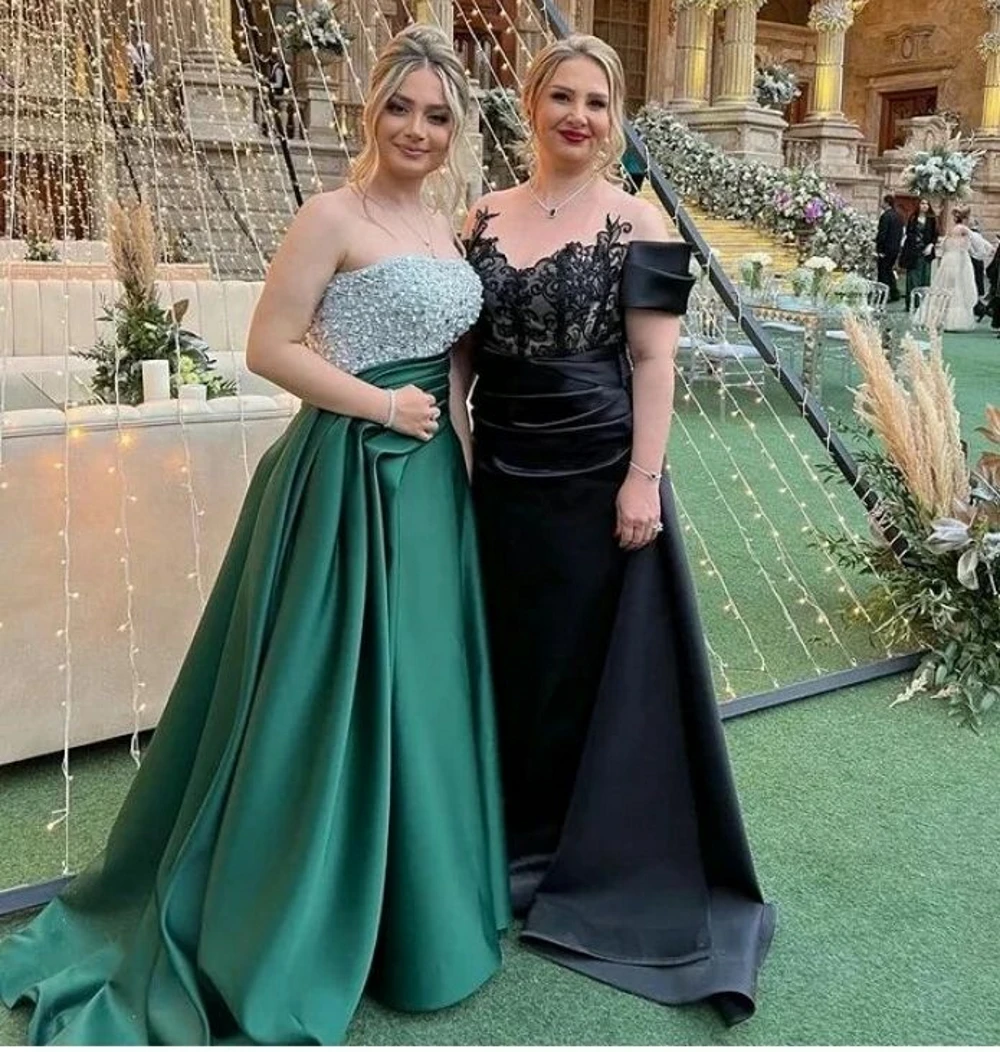 

Carolina Green Saudi Arabia Prom Dresses Tulle Satin Pleats Bow Evening Gowns Strapless Formal Wedding Party Bridesmaid Dress