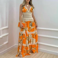 2022 elegant spring summer boho style v neck floral print contrast lace split hem maxi dress holiday sleeveless party long dress