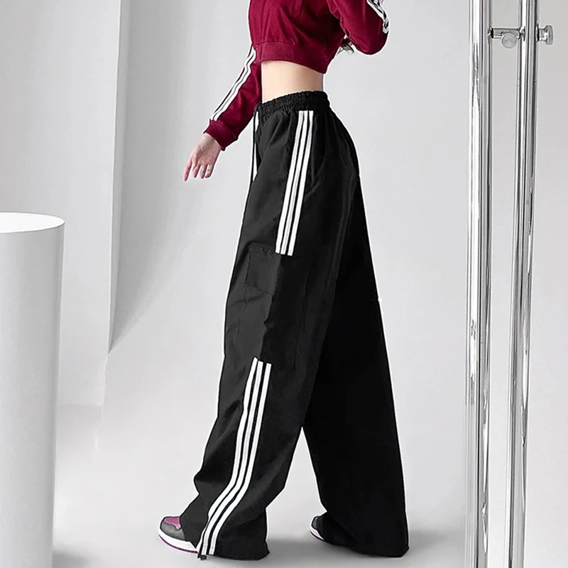 High Waist Drawstring Cargo Pant Wide Leg Joggers Trousers Striped Harajuku Baggy Parachute Pants Sweatpants Women Clothes Y2k