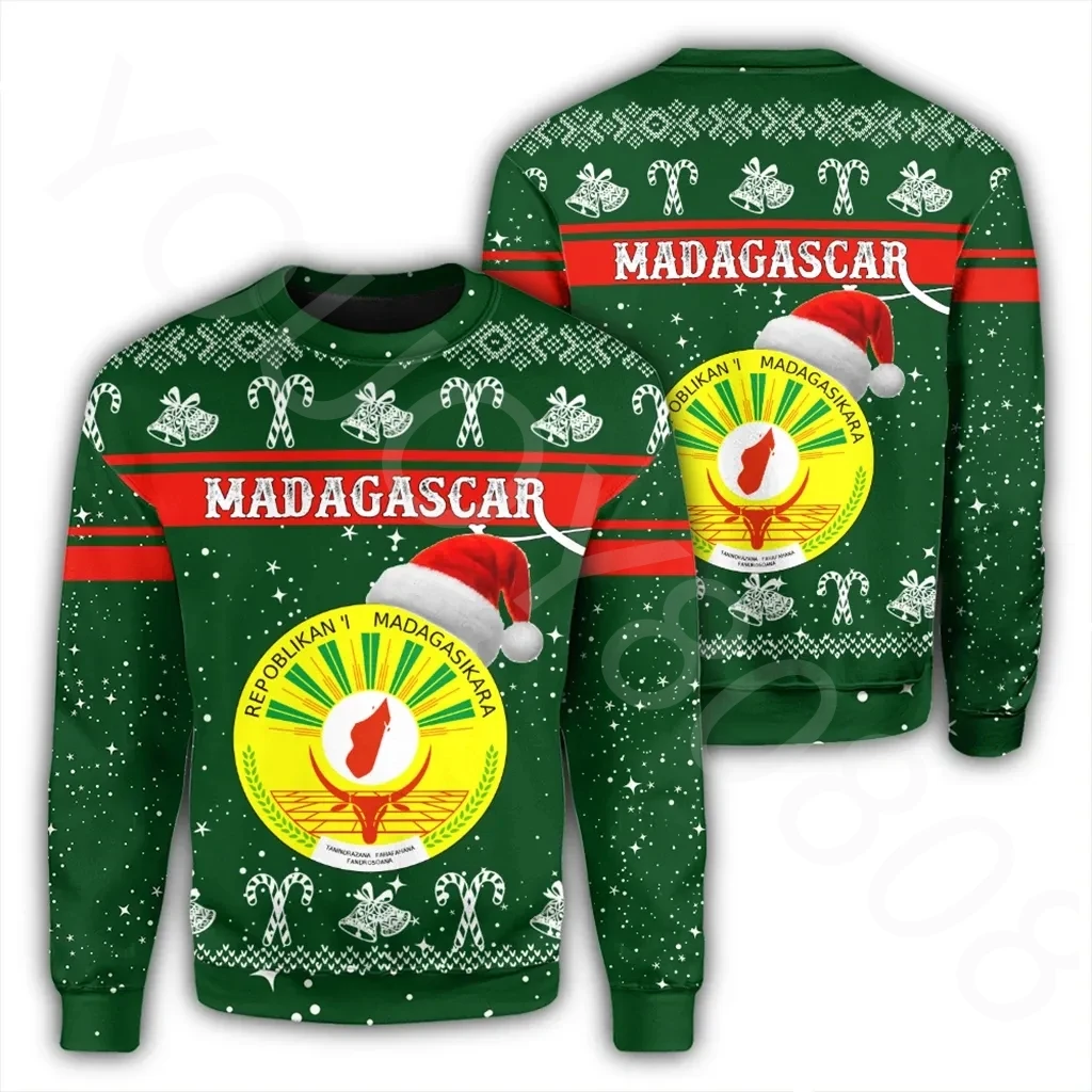 

Autumn and winter new men's sweatshirt round neck pullover street casual print African flag Madagascar Christmas sweater