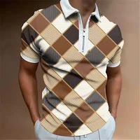 2022 summer plaid mens streetwear fashion short sleeved shirt casual polo lapel zipper design top