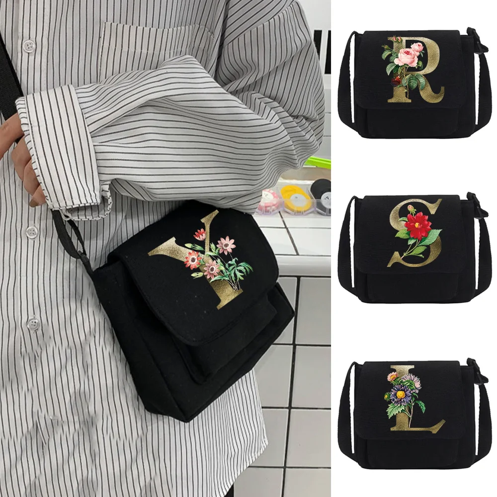 

Crossbody Bag Youth Canvas Shoulder Case Men Casual Wild Messenger Bags Women Travel Organizer Golden Flower Print Postman Case