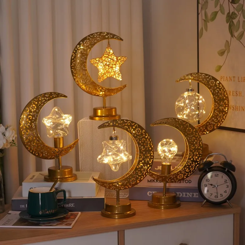 

Gold Iron Art Moon Star LED Light Eid Mubarak Decoration for Home Ramadan Kareem Islamic Muslim Festival Party Decors Supplies