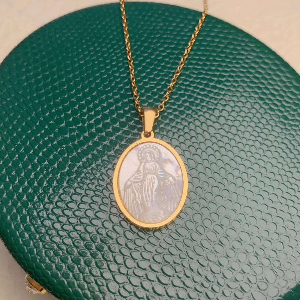 Stainless Steel Necklace Jewelry Religious Virgin Mary Pendant Neck For Women Gold Plated Natural Mother of Pearl Shell