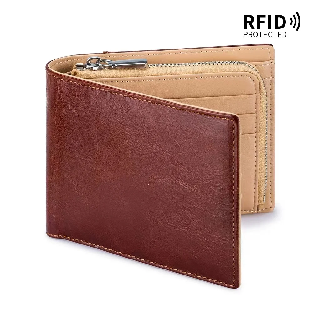 New Fashion, Vintage, High-Grade Leather RFID Anti-Theft Brush, Large Capacity, Multi Card Zipper, Short Hand-Held Men's Wallet