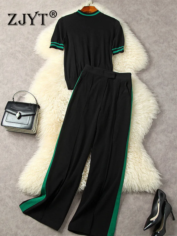 ZJYT 2023 Spring Summer Knitted Top and Pants Set 2 Pieces Womens Outfits Elegant Lady Casual Trousers Suit Color Block Black