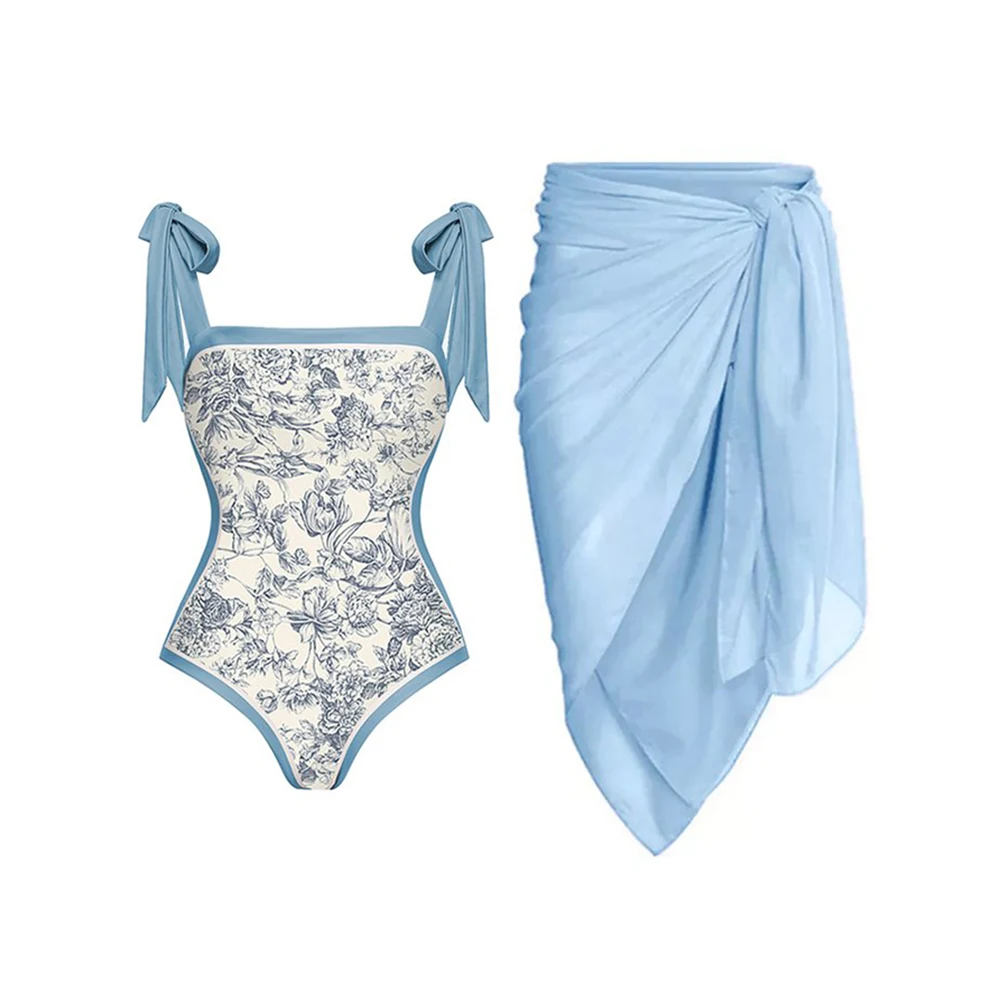 

Floral Print Sqaure Collar Swimsuit Women 2023 Chic Blue Bowtie Swimwear One Piece Seaside Split Solid Cover Up Surf Wear