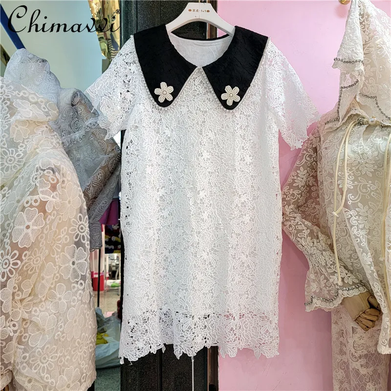 

Fashion White Dress Pearl Contrast-Color Doll Collar Lace Hollow Dress 2022 Summer New French Slim-Fit Sweet Elegant Dresses