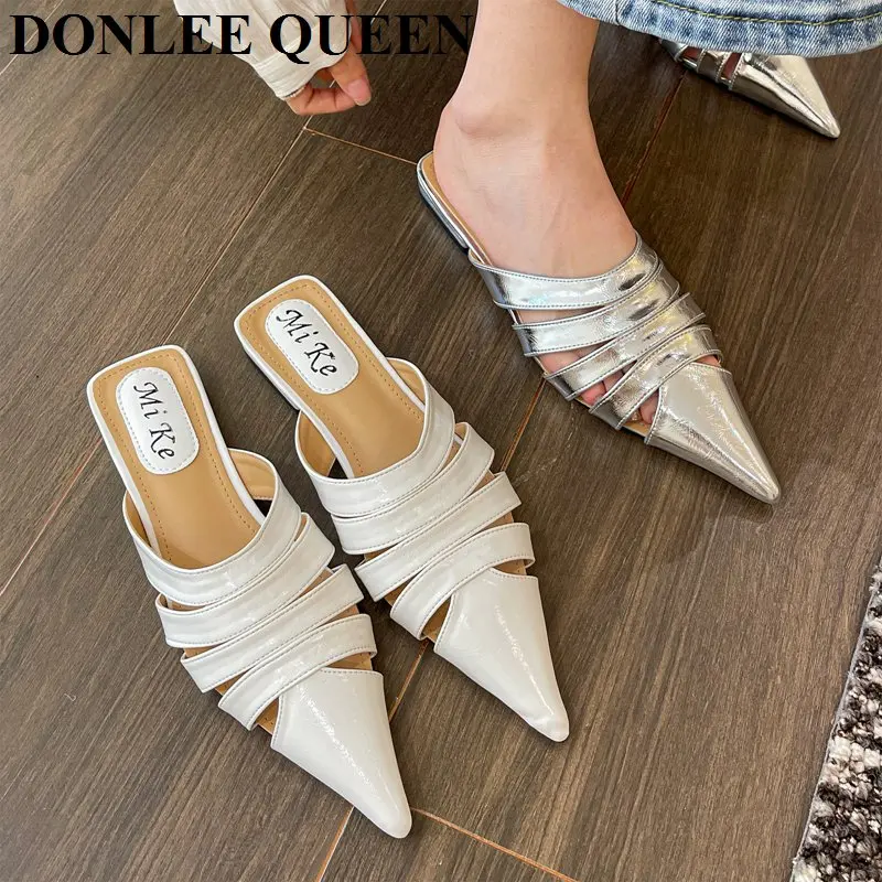 

Brand Slippers Women Pointed Toe Mule Flat Heels Casual Slip On Slide Outdoor Flip Flops 2022 Fashion Hollow Shoes Female Sandal