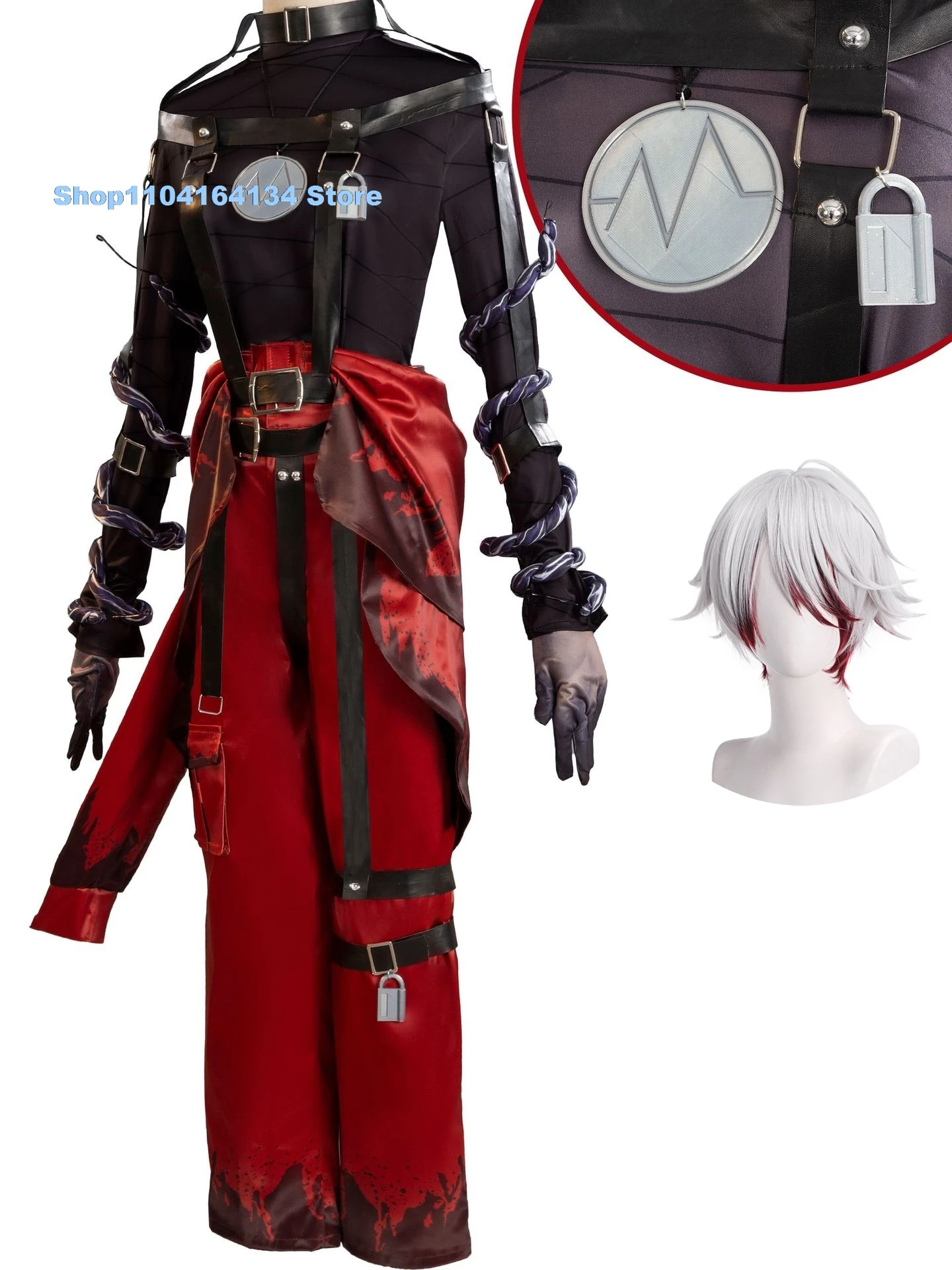 Identity V Emil Patient Rare Case Cosplay Costume Wig Mask Glasses Top Leather Belts Pants Lock White Red Hair Game Accessories